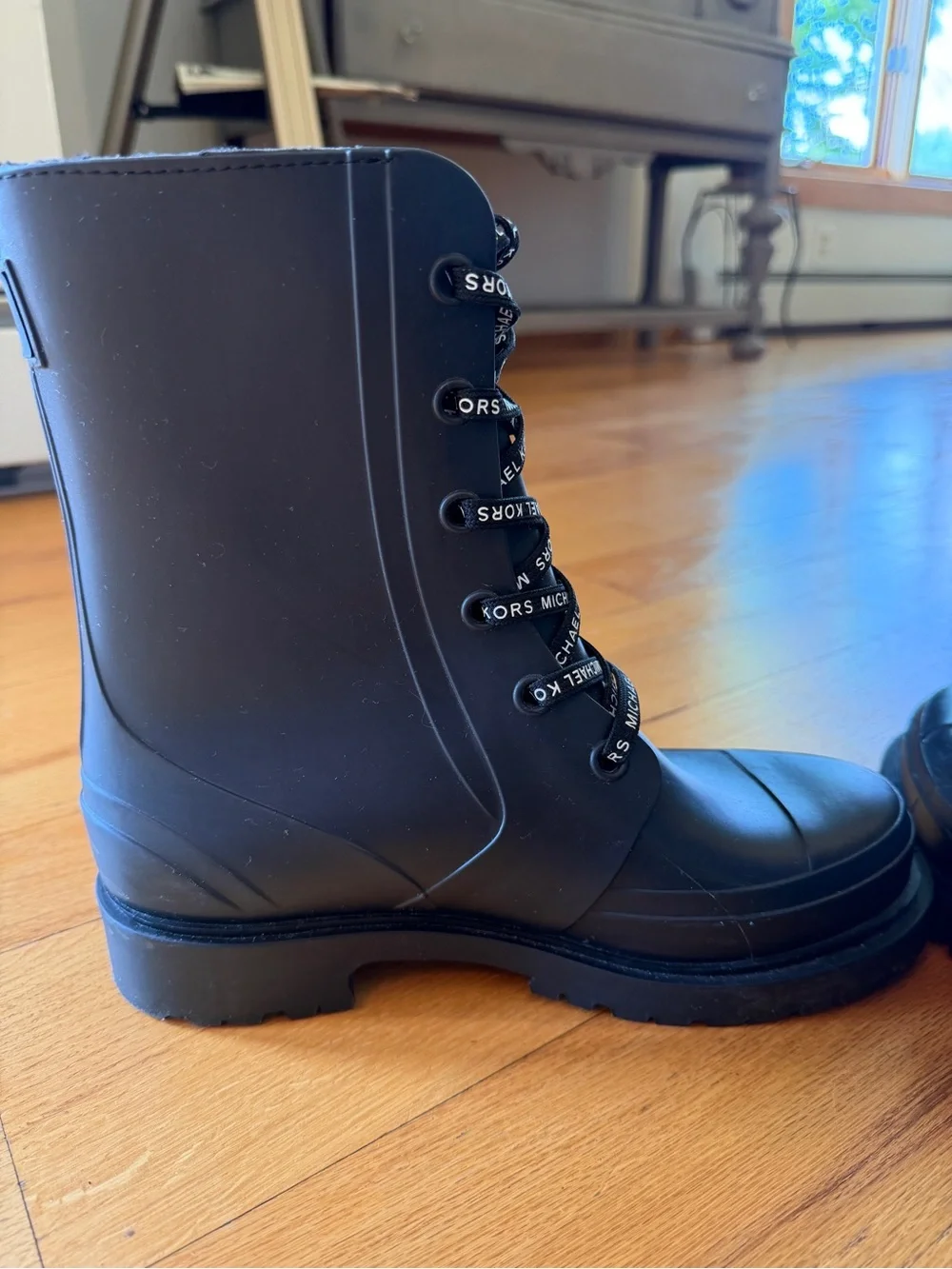 Michael Kors Black Lace-Up Rubber Combat Boots